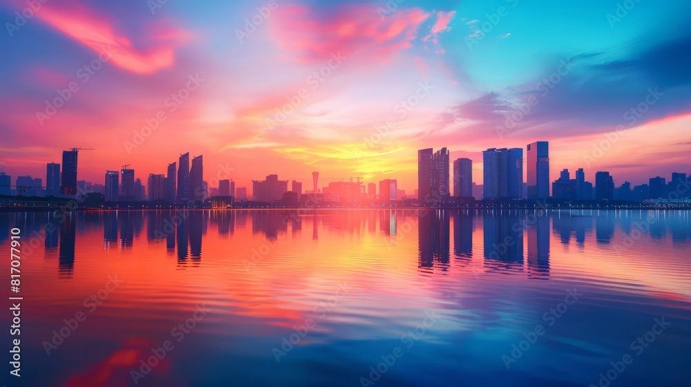 A panoramic view of a city skyline at sunset, with the colors reflecting on a calm lake below, conveying a sense of peace and prosperity A panoramic view of a city skyline at sunset, with the colors reflecting on a calm lake below, conveying a sense of peace and prosperity