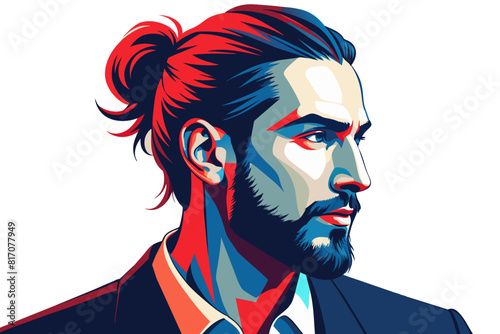 Hipster style man with man bun hairstyle on a white background photo