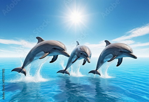 3D Beautiful dolphins swimming. Dolphin jumping above blue water 