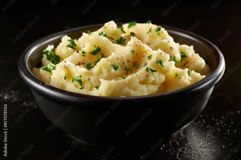 Indulgent treat of mashed potatoes with crispy bacon and parsley Indulgent treat of mashed potatoes with crispy bacon and parsley