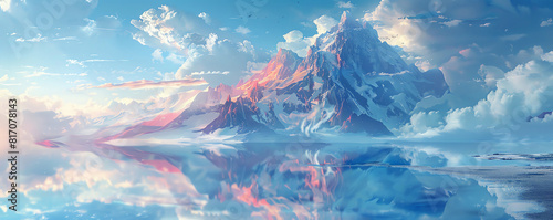 Surreal image of a floating mountain range reflected perfectly in a mirrorlike lake. photo