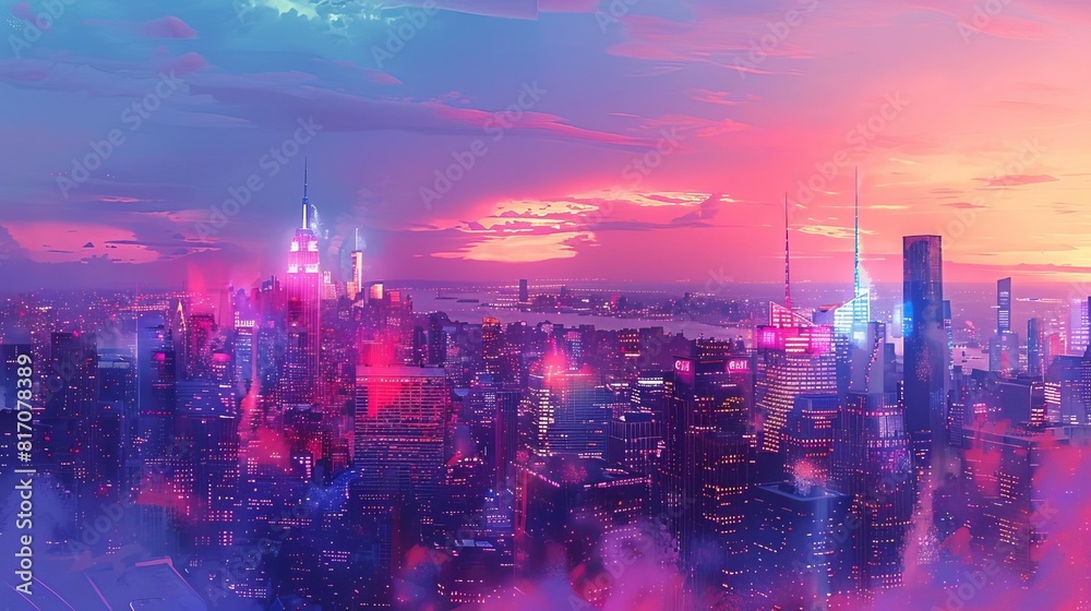 Fototapeta premium A sweeping cityscape with buildings illuminated in the colors of the Pride flag, watercolor, twilight ambiance
