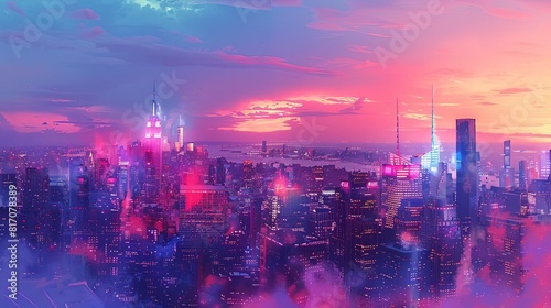 A sweeping cityscape with buildings illuminated in the colors of the Pride flag, watercolor, twilight ambiance © nutcha