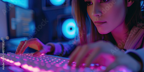 The tech-savvy netizen navigates the digital highways with ease, her fingers gliding over a glowing keyboard photo