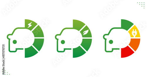 Green electric car, efficiency, charging, noxe reduction.
Sustainable green energy. Vector illustration.	
