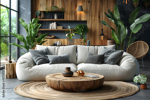 Contemporary modern living room cozy interior with real wood hardware edge slab coffee table
