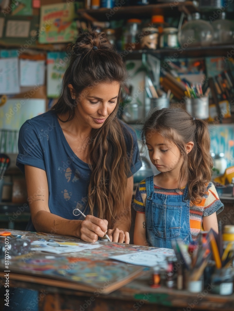 Cute kids are drawing in the art studio, AI generated