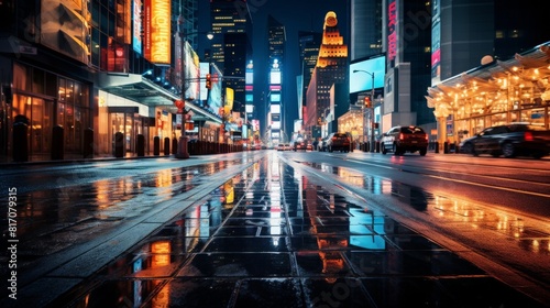 Photograph of a New York cityscape during a rainy evening  the city lights reflecting off the wet street