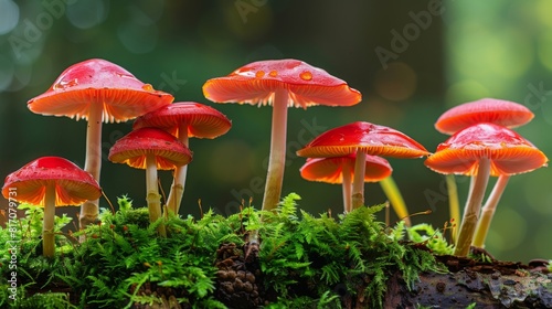 Close-up of red-capped mushrooms on a log, standing out against the green moss and forest floor.