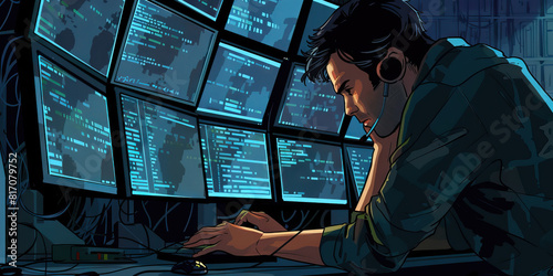In a dimly lit room, a hacker hunches over a bank of monitors, their eyes darting between streams of cryptic code and encrypted messages, as they work to uncover the next big data heist photo