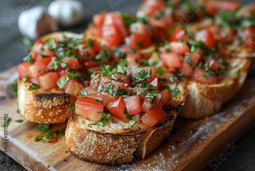 Bruschetta  Toasted bread topped with diced tomatoes  fresh basil  garlic  and a drizzle of olive oil. The colors should be vibrant and fresh.