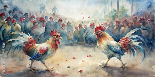 A watercolor illustration depicting the cruelty of cockfighting, with two roosters engaged in a brutal battle, their feathers stained with blood, while a crowd of spectators cheers on the violence. photo