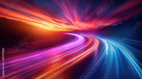 High speed data highway with flowing streams of light representing information.