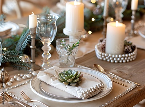 A beautiful table setting with candles, succulents and beaded napkins for Christmas dinner in light colors