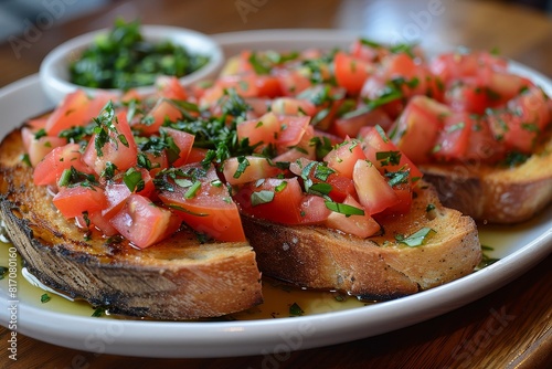 Bruschetta: Toasted bread topped with diced tomatoes, fresh basil, garlic, and a drizzle of olive oil. The colors should be vibrant and fresh.