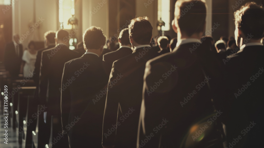 Backlit figures in suits fill a church with an aura of respectful solemnity.