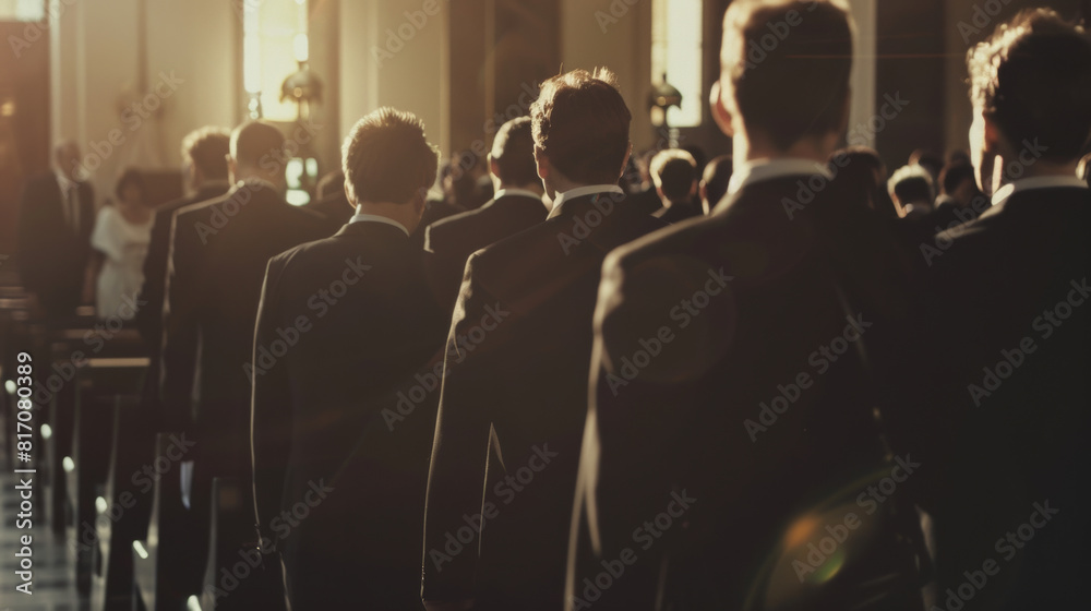 Fototapeta premium Backlit figures in suits fill a church with an aura of respectful solemnity.