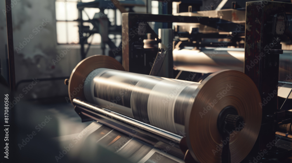 Machinery with steel rolls in soft focus, hinting at industrial precision.