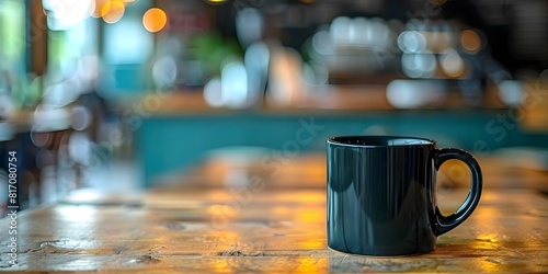 A black coffee mug on a wooden table in a cozy coffee shop. Concept Coffee Shop  Cozy Atmosphere  Wooden Table  Black Coffee Mug  Warm Lighting