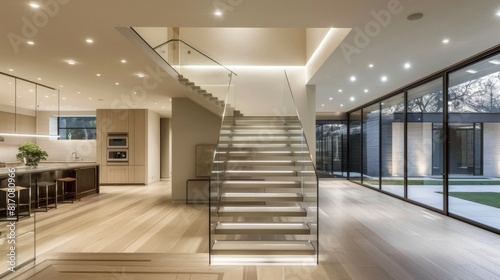 Contemporary minimalist-style staircase with open risers  glass railings  and recessed lighting.