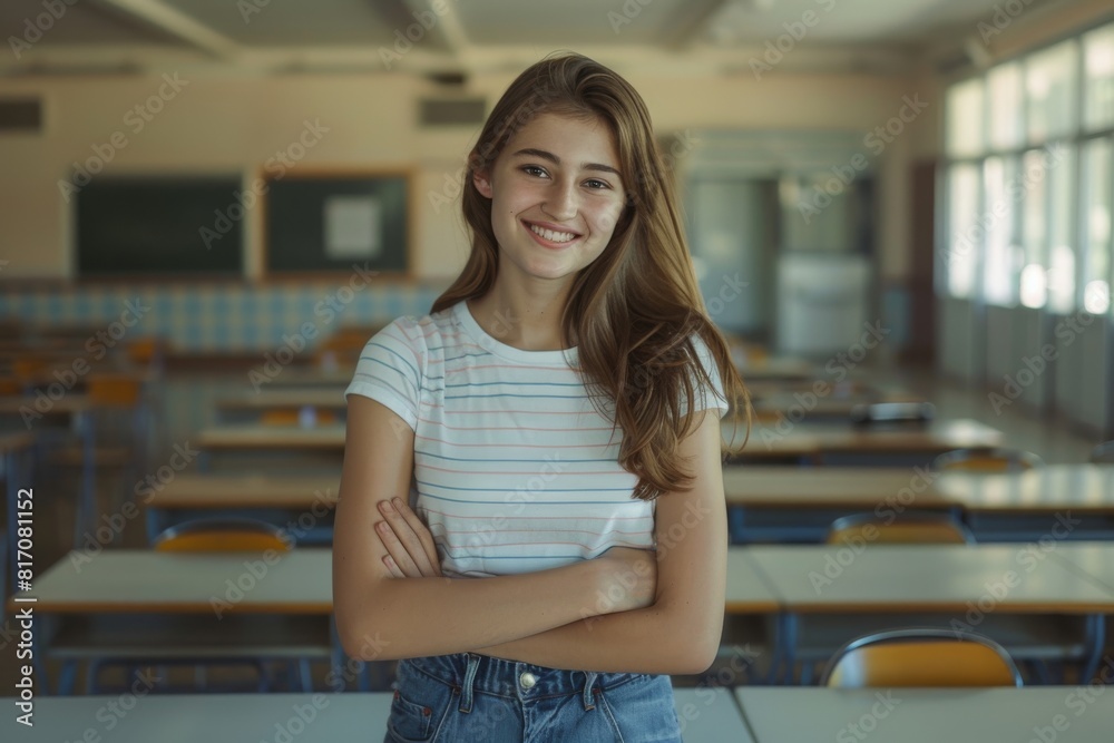 A female student is taking a photo during her class at a school, with an attractive smile and looking at the camera joyfully. A female student is taking a photo during her class at a school, with an attractive smile and looking at the camera joyfully.