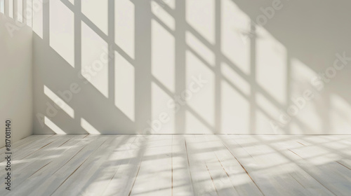 Light and shadow play on an empty room  casting geometric patterns.
