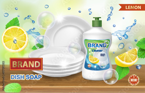 Dishwashing liquid soap with lemon. White clean plates and Package on wooden table. Cleaning Dish soap ads.. Vector realistic