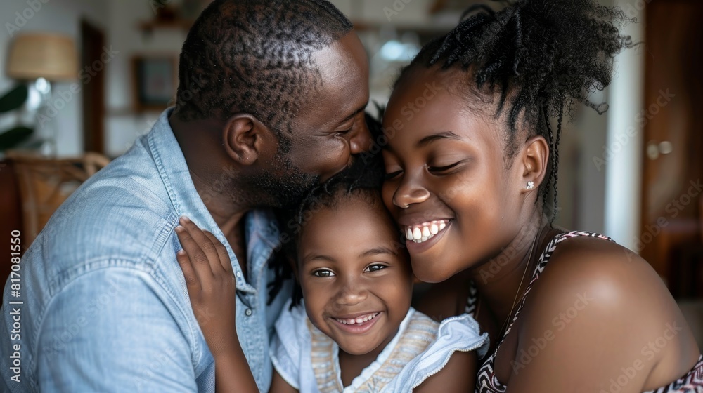 Obraz premium African american girl receiving affectionate kisses from her parents in the comfort of their home