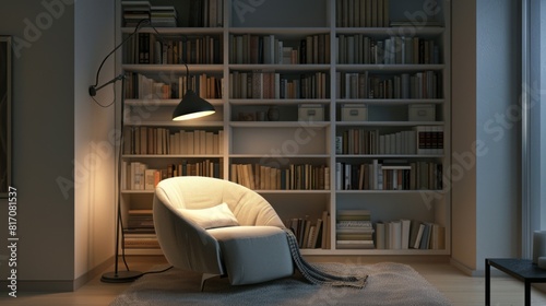 Cozy minimalist-style reading nook with a comfortable armchair  floor lamp  and built-in bookshelves.