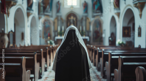 Back view of a nun in contemplation at the aisle of a serene chapel. photo