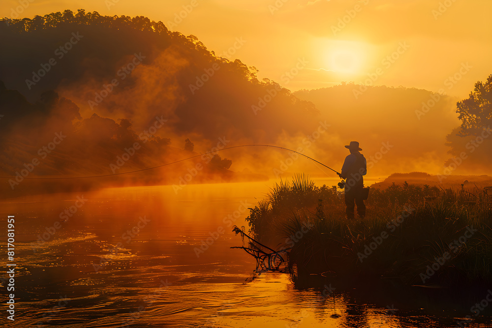 Mesmerizing Sunrise over River with a Solitary Fisherman Engaged in his Pastime
