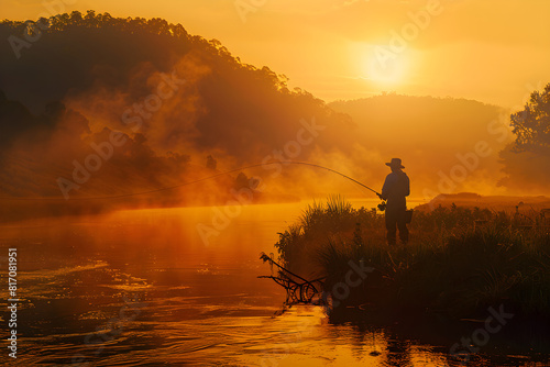 Mesmerizing Sunrise over River with a Solitary Fisherman Engaged in his Pastime