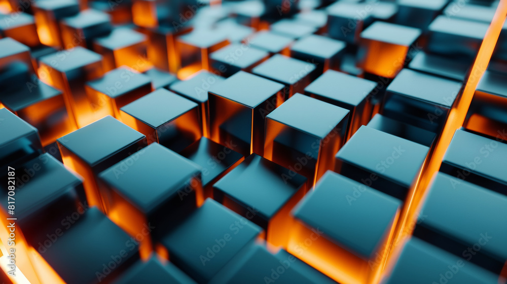 Blue cubes bathed in a fiery amber light, suggesting a high-tech ambiance. Blue cubes bathed in a fiery amber light, suggesting a high-tech ambiance.
