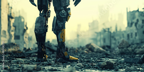 A cyborg warrior stands tall and ready, their advanced prosthetic limbs gleaming in the harsh artificial light, as they stand sentry over a post-apocalyptic wasteland. photo