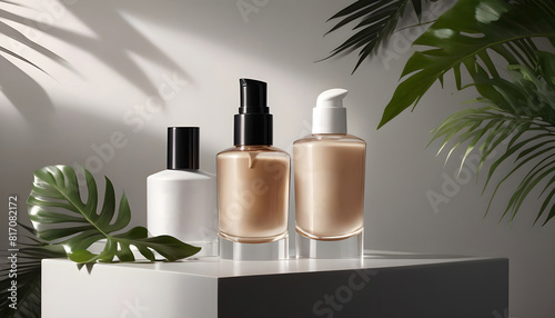 Natural luxury set of cosmetic bottle in white background and hard light.