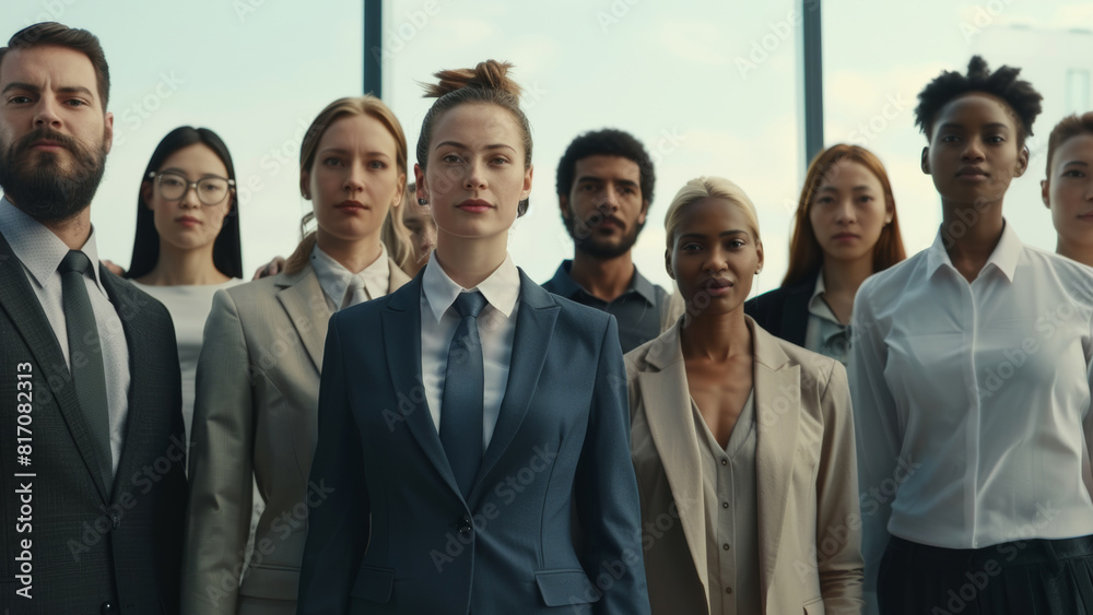 Assertive businesswoman leads a diverse team, symbolizing confidence and modern leadership. Assertive businesswoman leads a diverse team, symbolizing confidence and modern leadership.