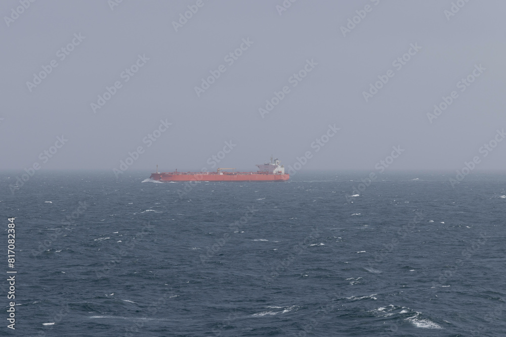 Passing unknown tanker in Atlantic Ocean on Very foggy day