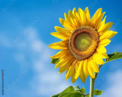 A vibrant  blooming sunflower against a bright blue sky background. Sharp focus  high detail  crisp edges  8k resolution. Golden ratio composition 