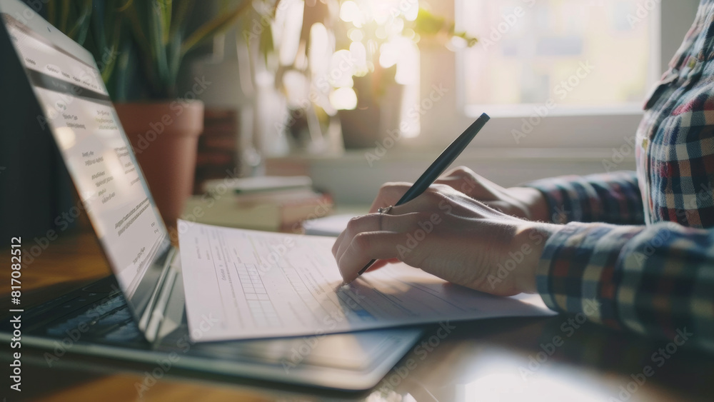 Person works from home, pen in hand, writing notes beside a laptop lit by the soft daylight. Person works from home, pen in hand, writing notes beside a laptop lit by the soft daylight.