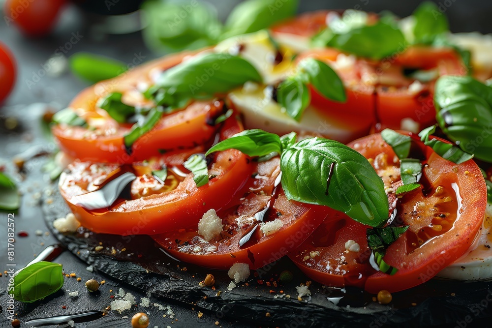 Caprese Salad: Slices of fresh mozzarella, ripe tomatoes, and basil leaves, drizzled with balsamic glaze and olive oil. The ingredients should look fresh and vibrant. Caprese Salad: Slices of fresh mozzarella, ripe tomatoes, and basil leaves, drizzled with balsamic glaze and olive oil. The ingredients should look fresh and vibrant.