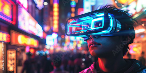 Against a backdrop of flashing neon signs, a augmented reality street performer captivates the crowd with their mesmerizing digital illusions. 
