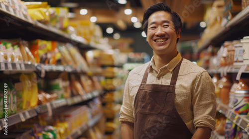 Smiling grocery store worker stands proudly in a colorful aisle.
