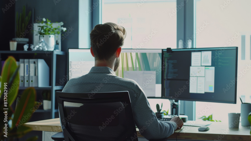 Back view of a man engaging with complex data on dual monitors in a modern workspace. Back view of a man engaging with complex data on dual monitors in a modern workspace.