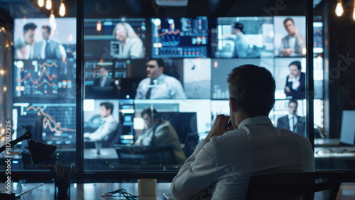 A man views multiple monitors with analytical data in a high-tech surveillance room.