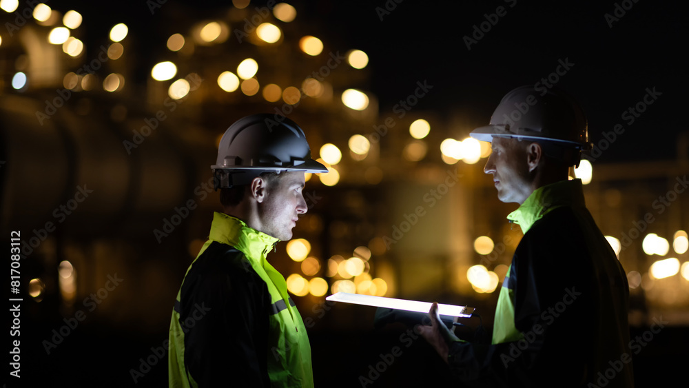Two energy engineers using digital tablets for work and discussing the background of oil refinery distillation plants and bokeh light at night time. Two energy engineers using digital tablets for work and discussing the background of oil refinery distillation plants and bokeh light at night time.