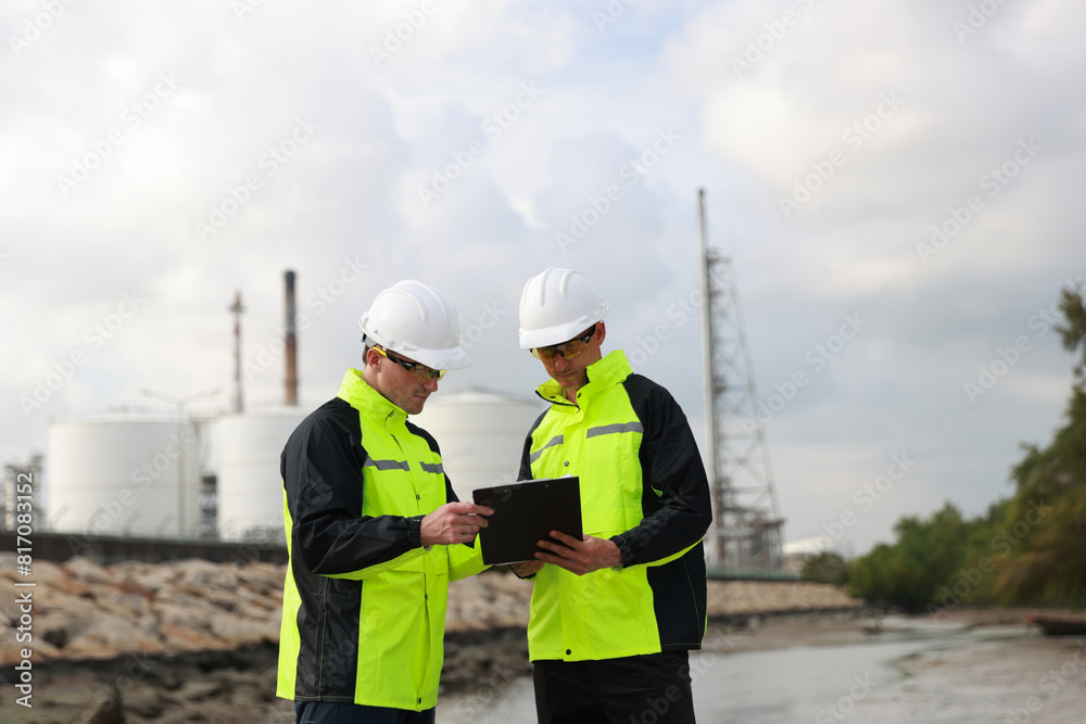 petrochemical engineer working with laptops outside the oil and gas refinery plant industry factory at chemical storage for inspector safety quality control. petrochemical engineer working with laptops outside the oil and gas refinery plant industry factory at chemical storage for inspector safety quality control.