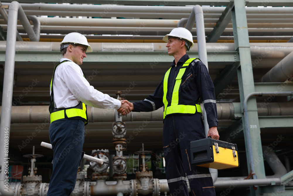 Construction engineers supervising the project's progress for the piping system stand on the new refinery factory to the project manager Construction engineers supervising the project's progress for the piping system stand on the new refinery factory to the project manager