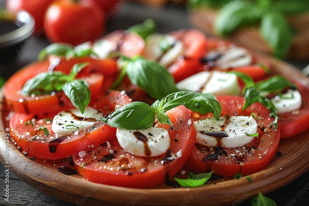 Caprese Salad: Slices of fresh mozzarella, ripe tomatoes, and basil leaves, drizzled with balsamic glaze and olive oil. The ingredients should look fresh and vibrant. Caprese Salad: Slices of fresh mozzarella, ripe tomatoes, and basil leaves, drizzled with balsamic glaze and olive oil. The ingredients should look fresh and vibrant.