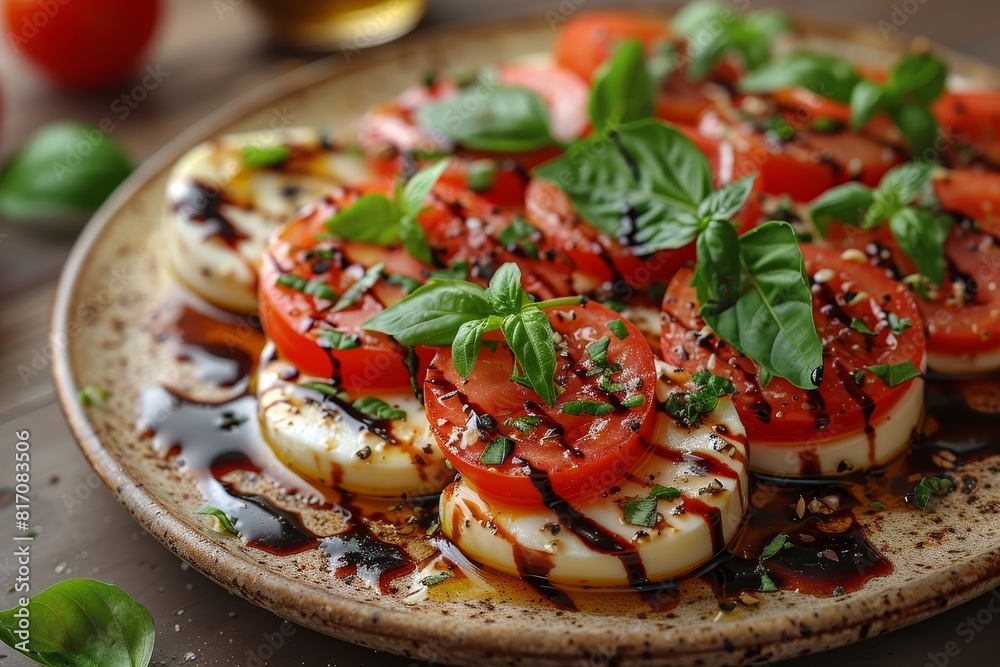 Caprese Salad: Slices of fresh mozzarella, ripe tomatoes, and basil leaves, drizzled with balsamic glaze and olive oil. The ingredients should look fresh and vibrant. Caprese Salad: Slices of fresh mozzarella, ripe tomatoes, and basil leaves, drizzled with balsamic glaze and olive oil. The ingredients should look fresh and vibrant.