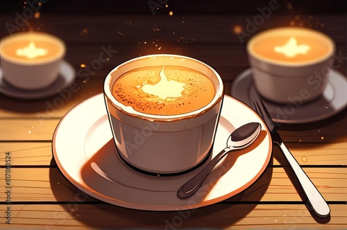 Crme brle dessert on wooden table glowing sunlight, next to window, Anime style illustration, background, food and drinks photo